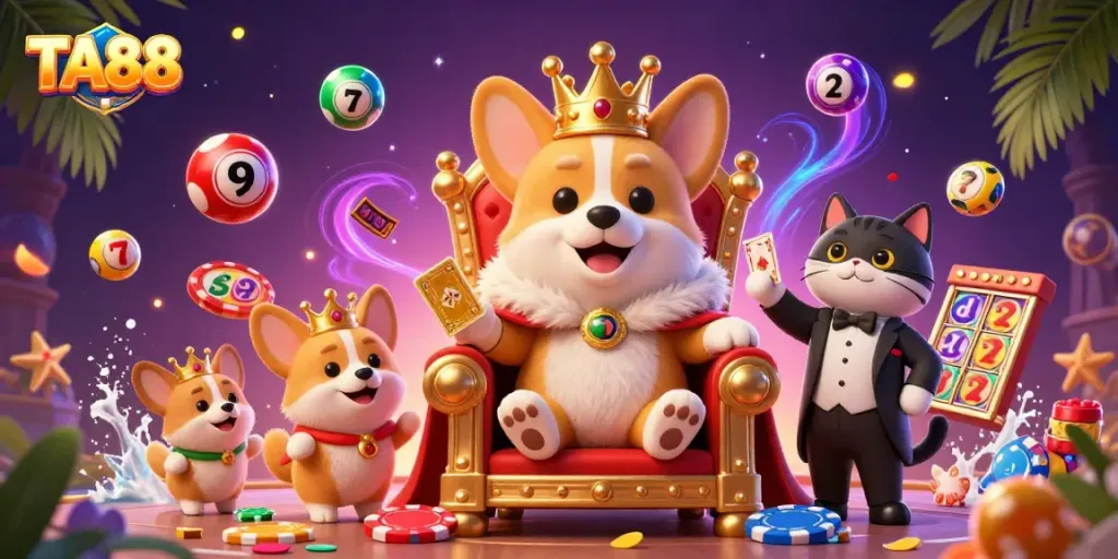 Experience the excitement of TA88 casino games with a vibrant scene featuring a royal corgi, cat butler, and colorful slot elements.