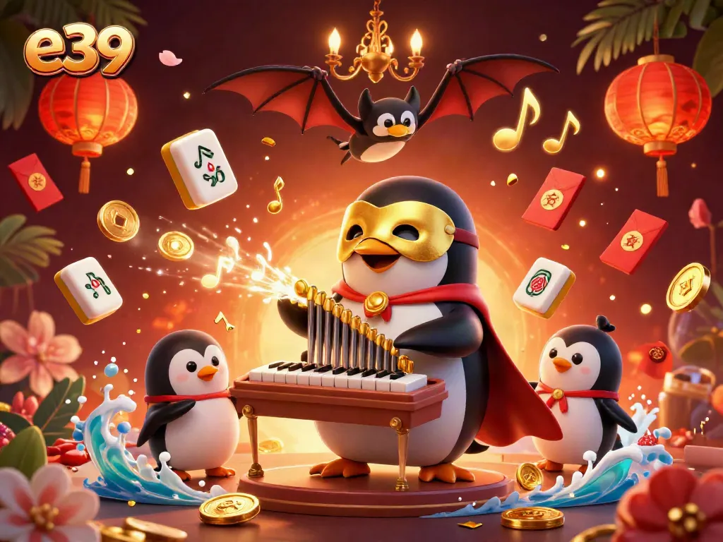 Experience e39's thrilling casino scene with a dancing phantom penguin and gold coins showering around.
