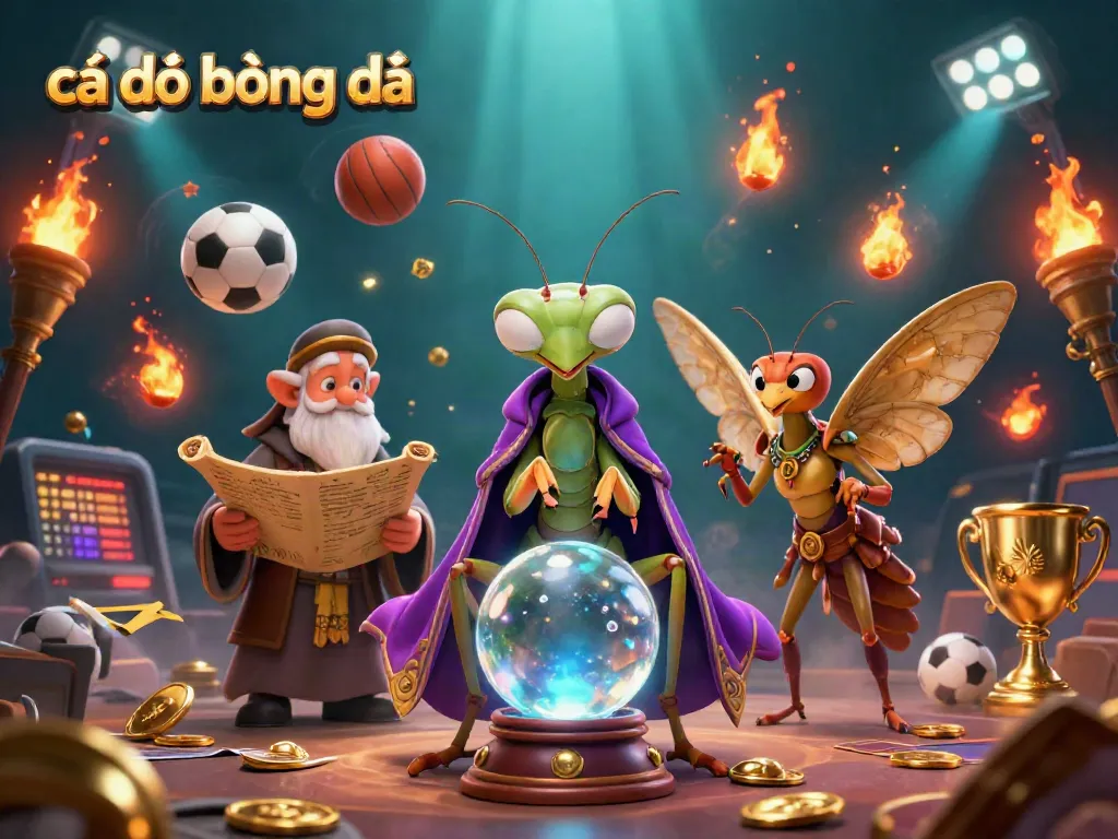Cá độ bóng đá illustrated with a fortune teller and a librarian in an energetic, dynamic scene.