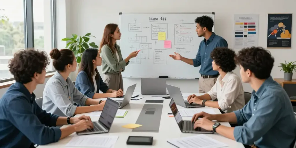Collaborative meeting in a modern workspace about istana 404 innovations.
