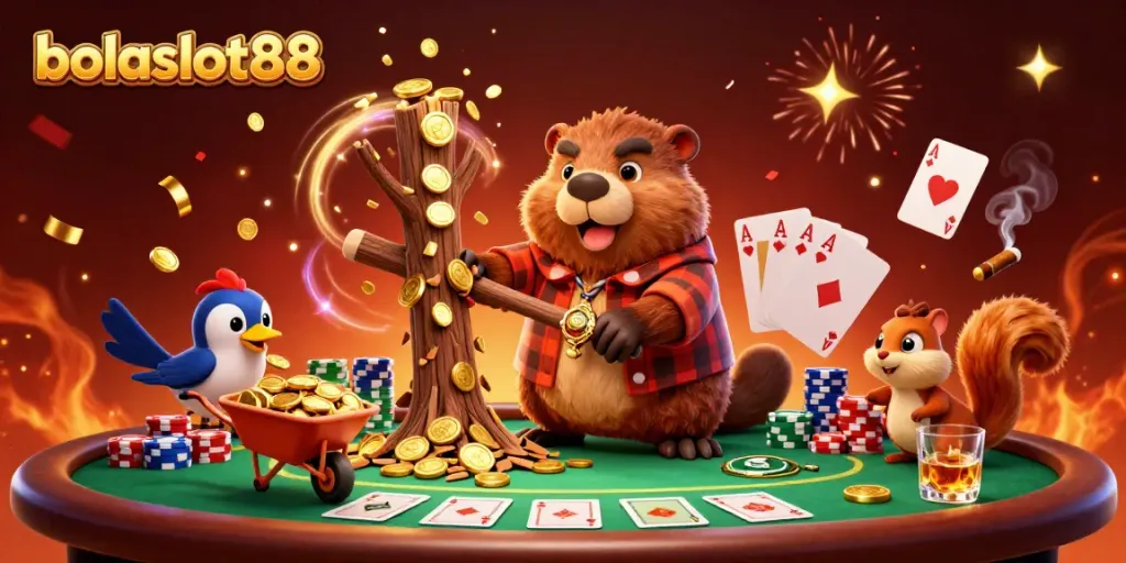 Engaging illustration depicting bolaslot88 featuring a beaver, bird and squirrel in a vibrant casino setting with poker elements.