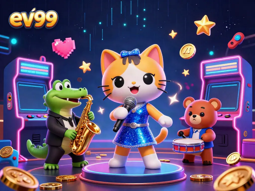 Experience the exciting world of ev99 with a jazz-singer cat and casino-themed characters.