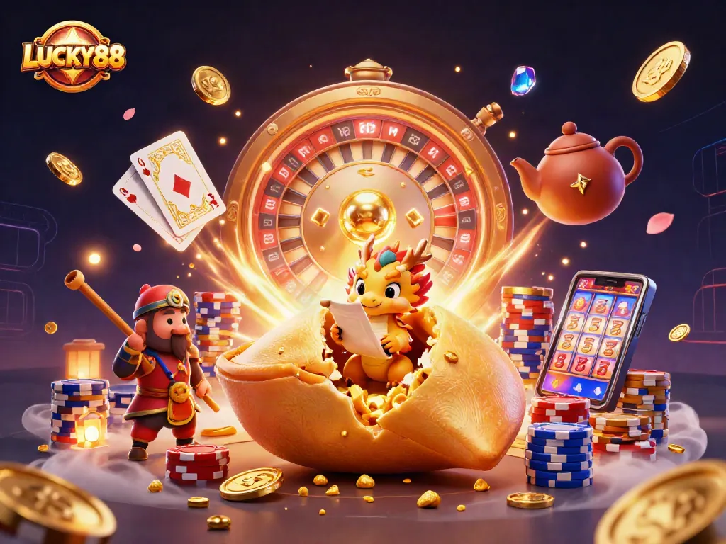 Experience thrilling gaming moments with LUCKY88's vibrant casino illustration showcasing excitement and fortune.