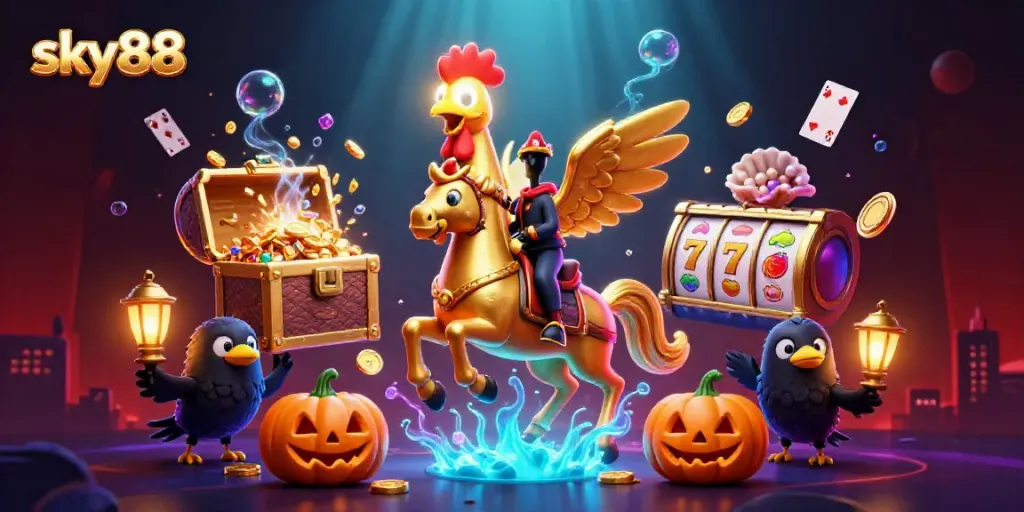 Engage in thrilling games at sky88 with vibrant casino action and animated characters.
