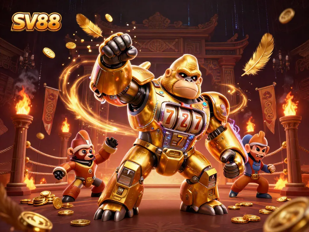 Experience the thrill of SV88 with a dynamic golden gorilla mech transforming the slot machine world.