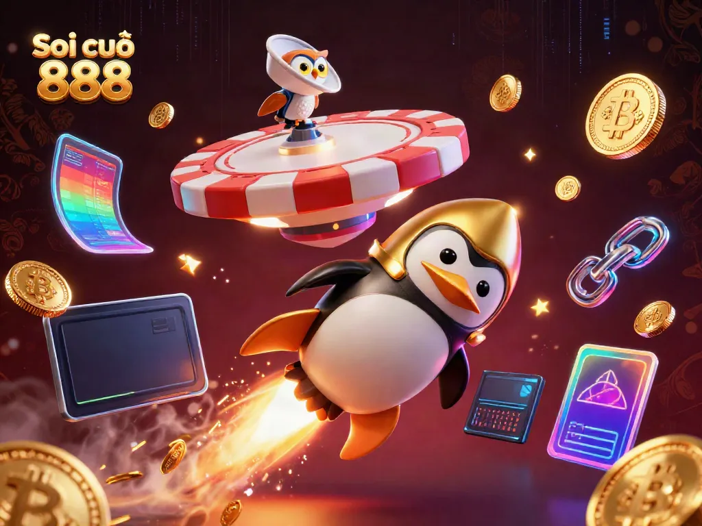 Soi cầu 888 showcases a golden penguin racing towards a casino in space, amidst glowing crypto coins.