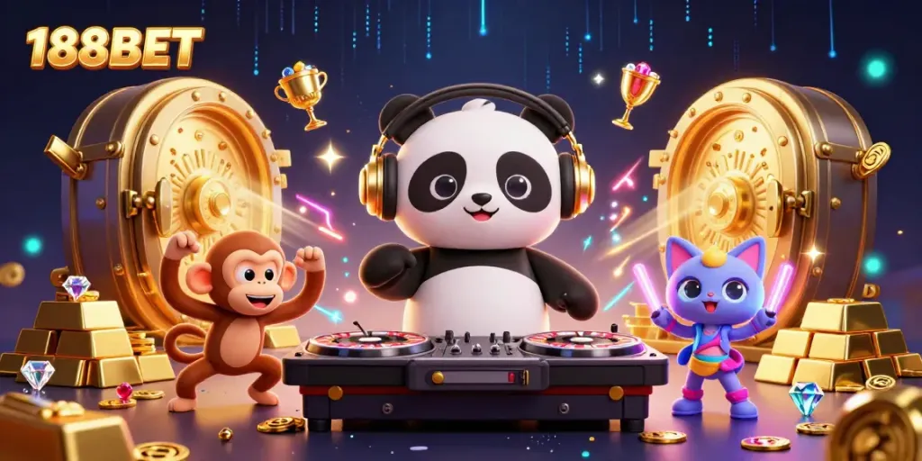 Experience the excitement of 188BET with a lively 3D illustration of a DJ panda and vibrant casino elements.