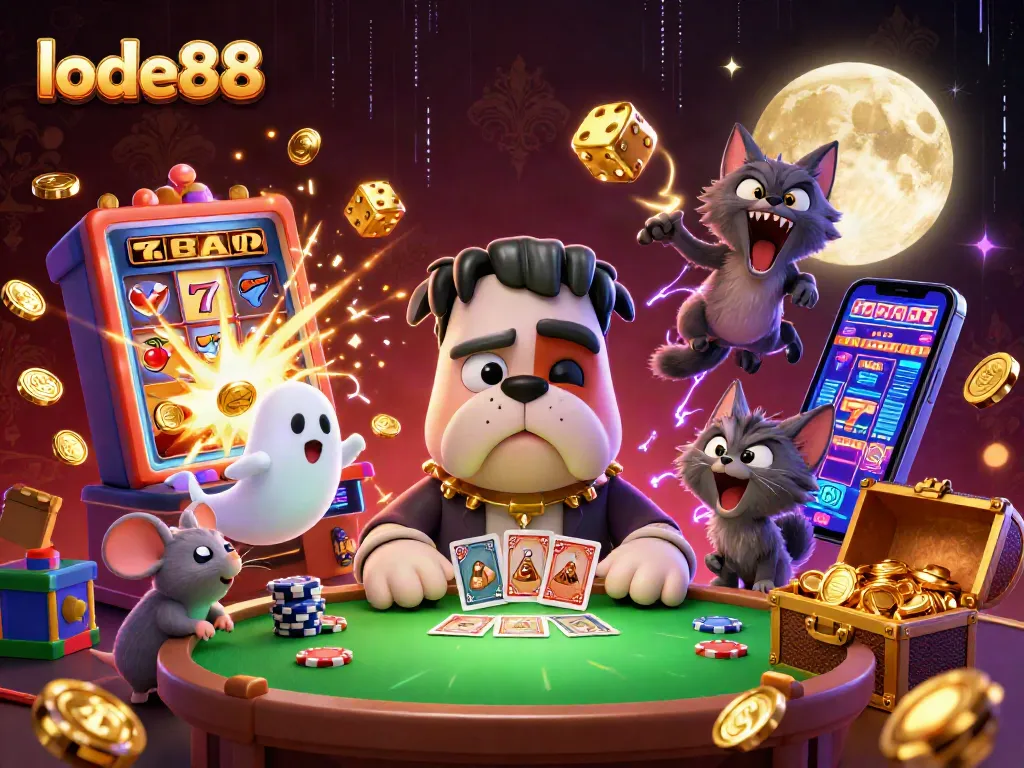 Play exciting games at lode88 with a captivating illustration of a Frankenstein bulldog and a werewolf kitten.
