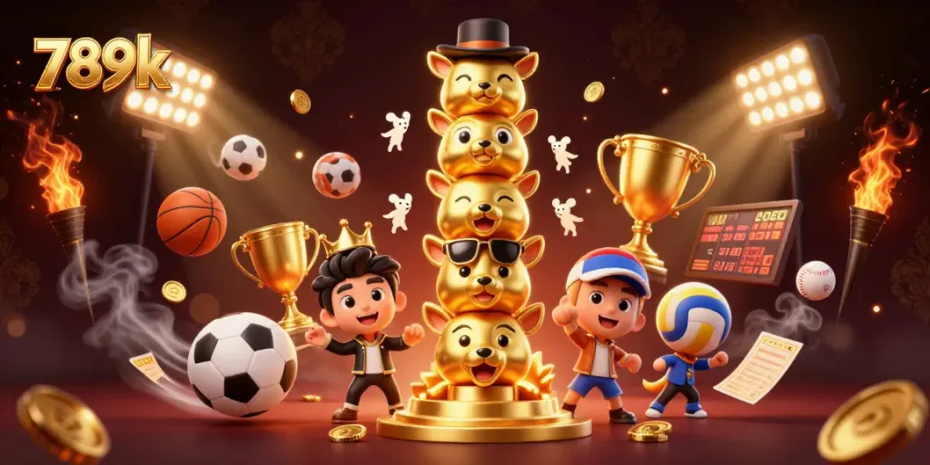 Engage with 789k, featuring dynamic sports elements and a golden totem pole in a vibrant casino scene.