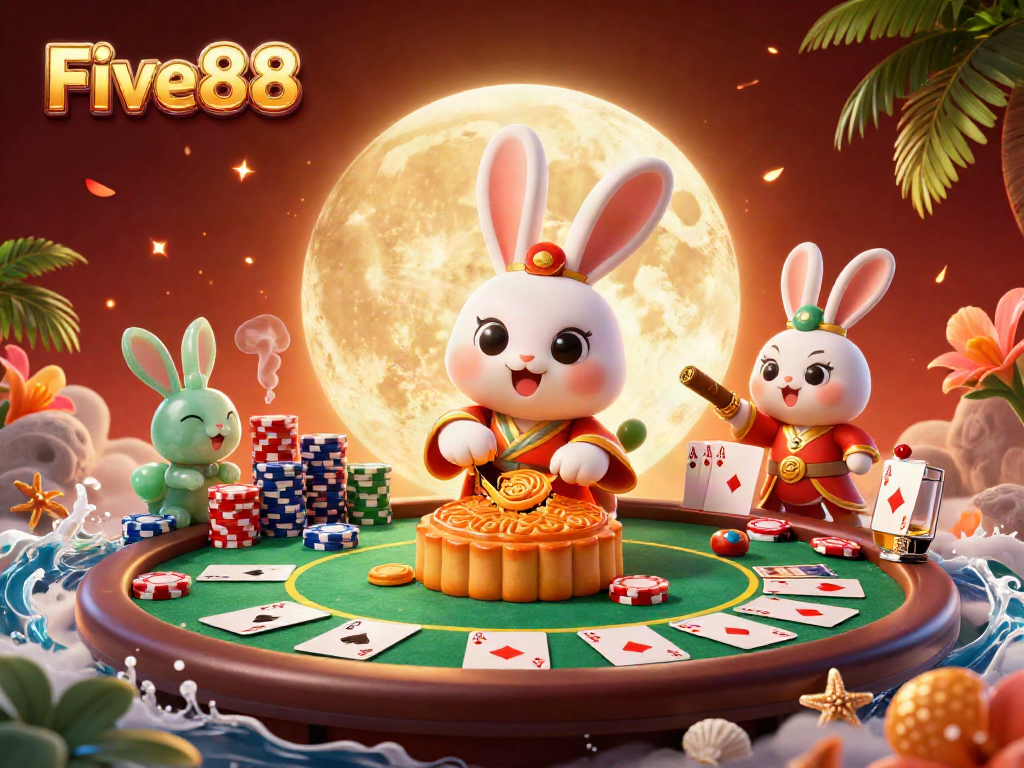 Experience Five88 through a colorful scene of a moon rabbit revealing poker chips from mooncakes, surrounded by gambling elements.