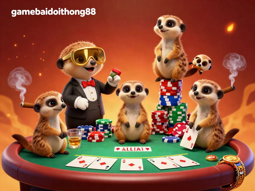 Engage with gamebaidoithuong88's lively meerkat casino scene showcasing vibrant poker elements.