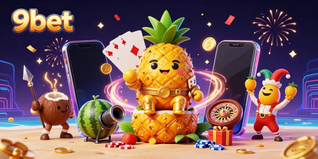Experience the vibrant 9bet casino scene with a golden pineapple king amidst festive gaming elements.