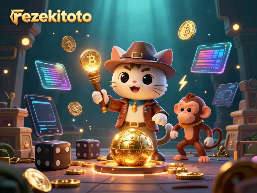 Experience the adventure of rezekitoto with a cat explorer and monkey companion in a dazzling casino-themed treasure hunt.