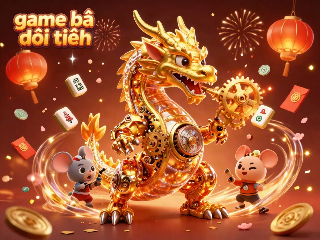 Engage in thrilling gameplay with game bài đổi thưởng alongside a mechanical dragon and festive decorations.