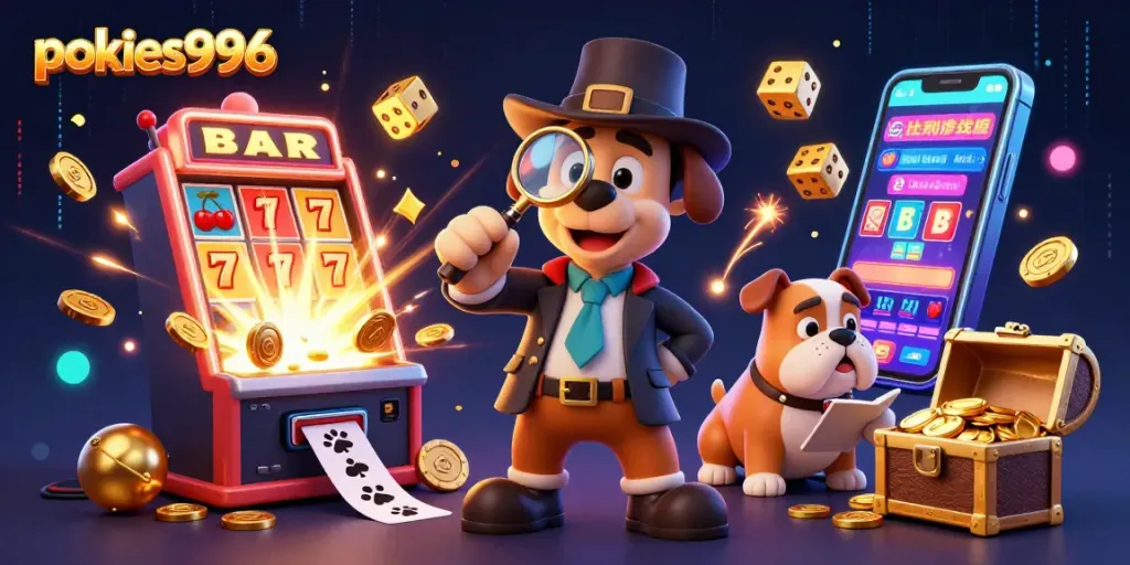 Join the action at pokies996 with a detective bloodhound and bulldog amidst casino games and jackpots!