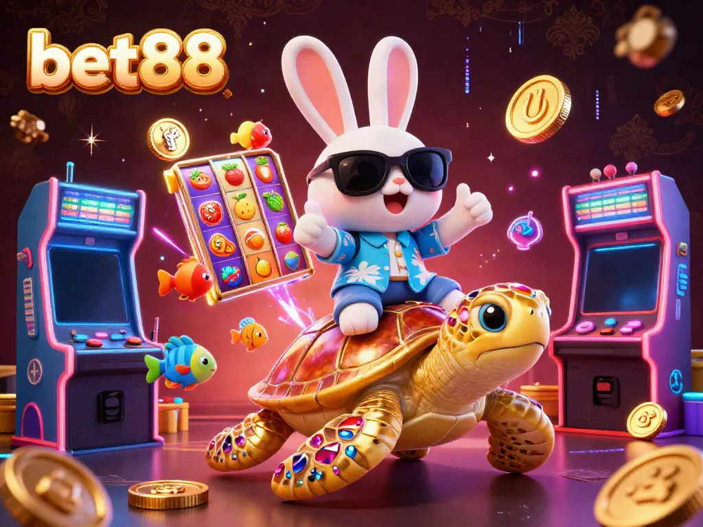 Experience the excitement of betting with bet88 as a lucky rabbit rides a golden turtle surrounded by vibrant casino elements.