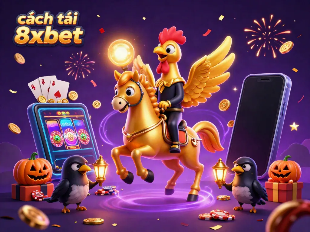Experience excitement with cách tải 8xbet, featuring a golden rooster in a lively casino scene.