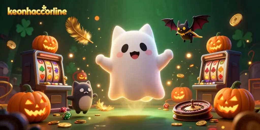 Experience thrilling gameplay with keonhacaionline in a haunted casino scene featuring ghostly characters and vibrant gaming elements.
