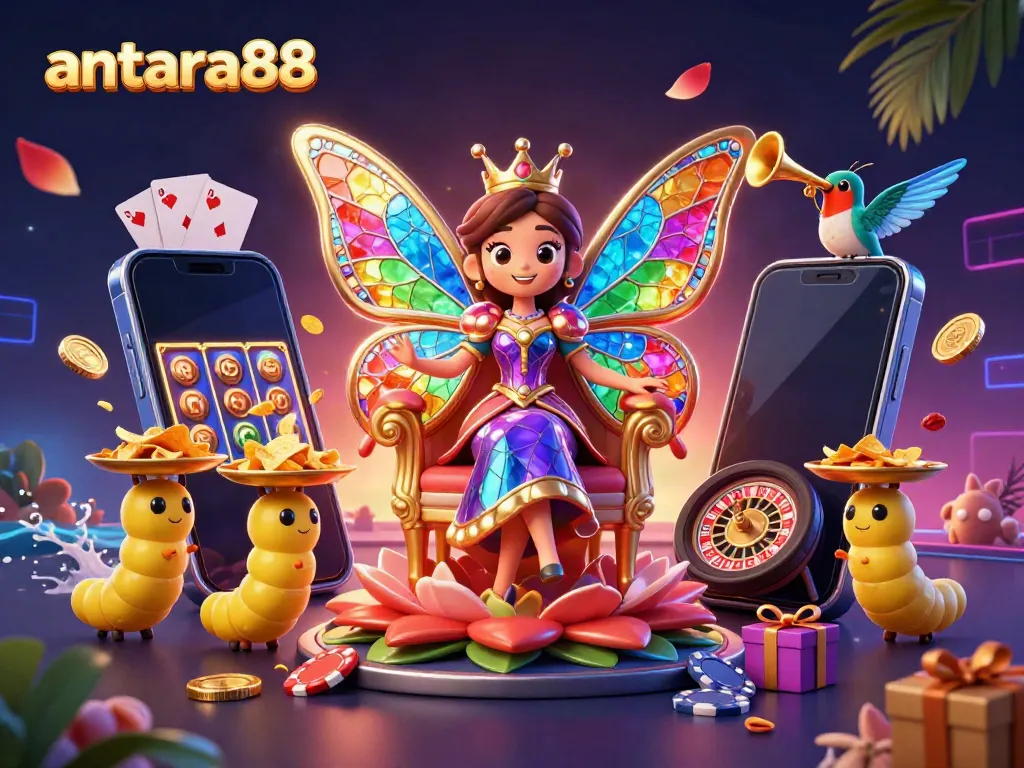 Engage with the vibrant world of antara88 as a colorful butterfly queen presides over an enchanting casino scene!