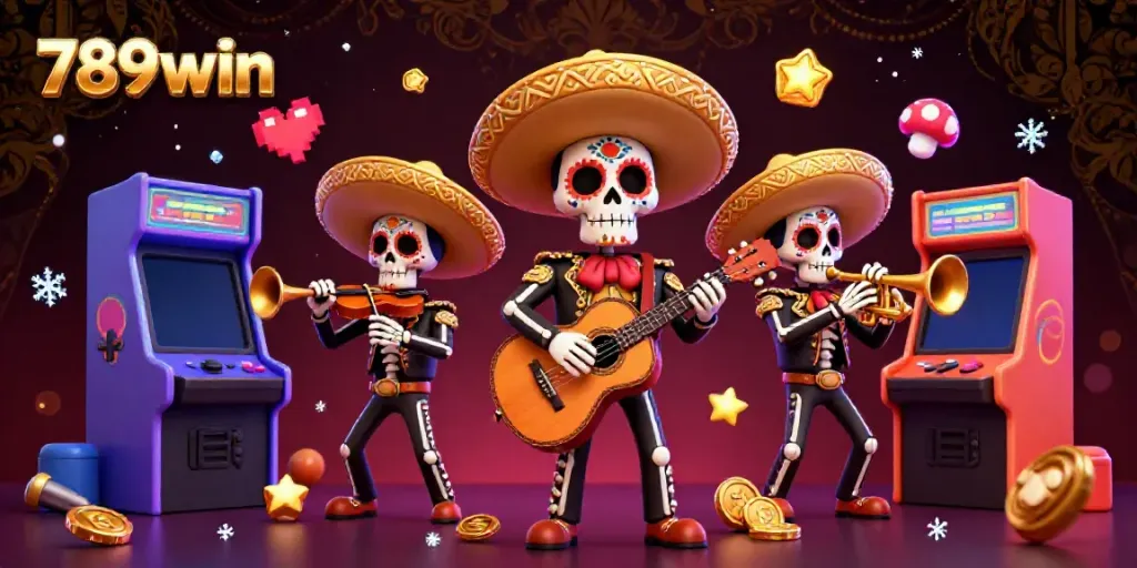 Engage with 789win in this vibrant 3D casino scene featuring mariachi band members and arcade game elements.