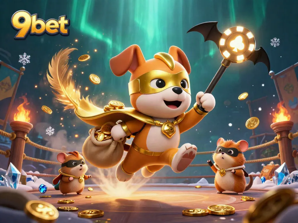 9bet action-packed scene featuring a superhero dog and sidekick, immersed in gold coins and casino excitement.