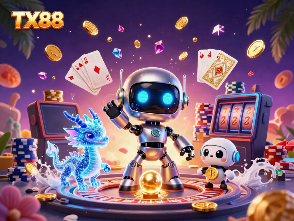 Experience thrilling gaming at TX88 with a cyberpunk robot mascot, golden coins, and vibrant casino elements.