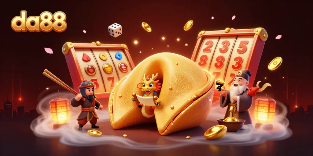 Engage with da88's exciting slots as a wise dragon unveils treasures in a vibrant casino scene.