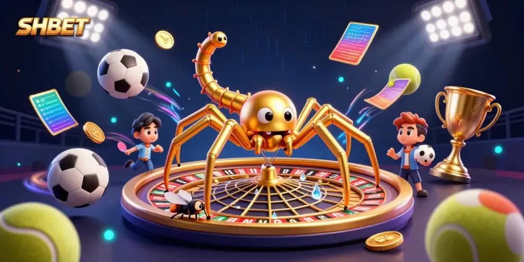 Engage in thrilling bets at SHBET, featuring a cartoon spider and a dynamic roulette web.
