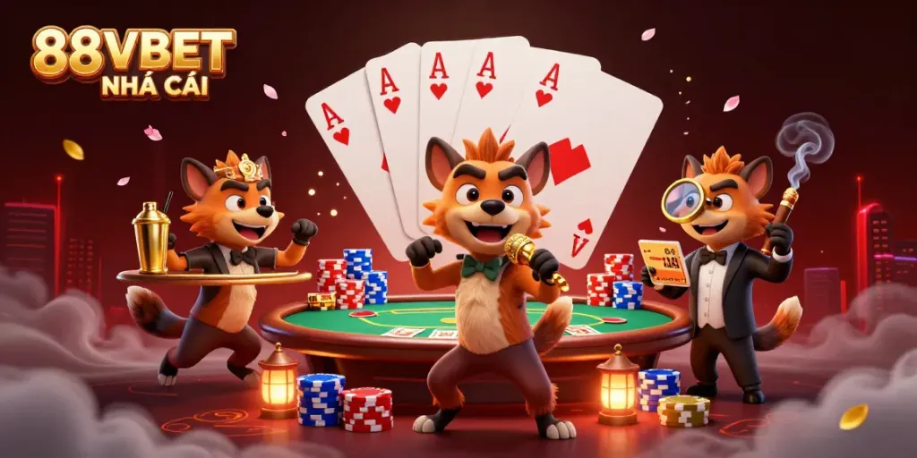 Experience the vibrant casino scene with 88VBET NHÀ CÁI featuring animated hyenas engaging in lively activities.