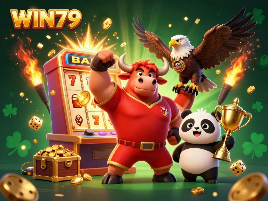 Experience the excitement of WIN79 with a vibrant 3D casino illustration showcasing a bull mascot, eagle, and panda celebrating a jackpot.