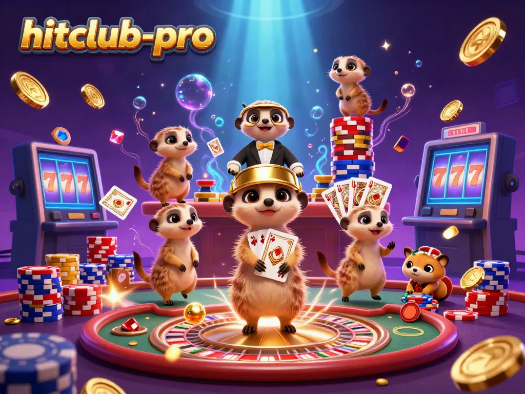 Experience hitclub-pro with meerkats running a vibrant casino, surrounded by dynamic gaming elements.