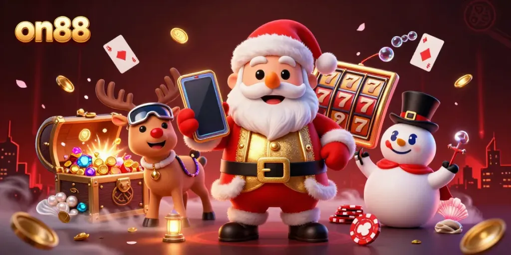 Experience the on88 jackpot excitement with Santa, a dealer reindeer, and a poker chip snowman.