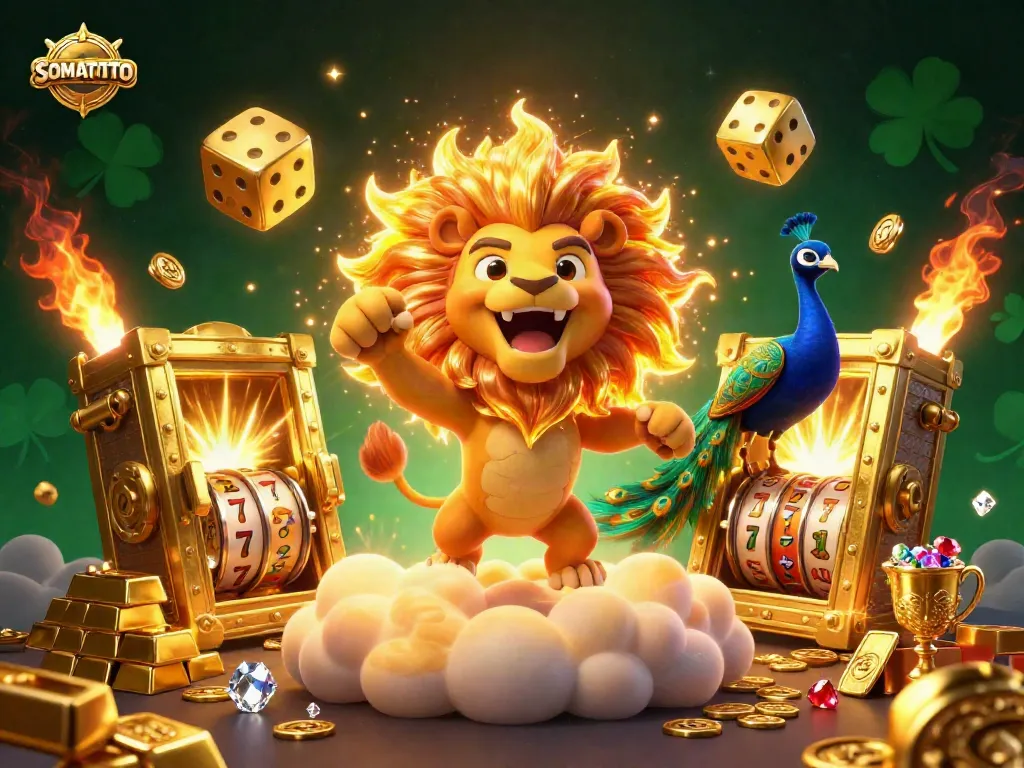 Experience the thrill of SOMATOTO as the vibrant sun lion, golden dice, and slot reels create a striking casino scene.