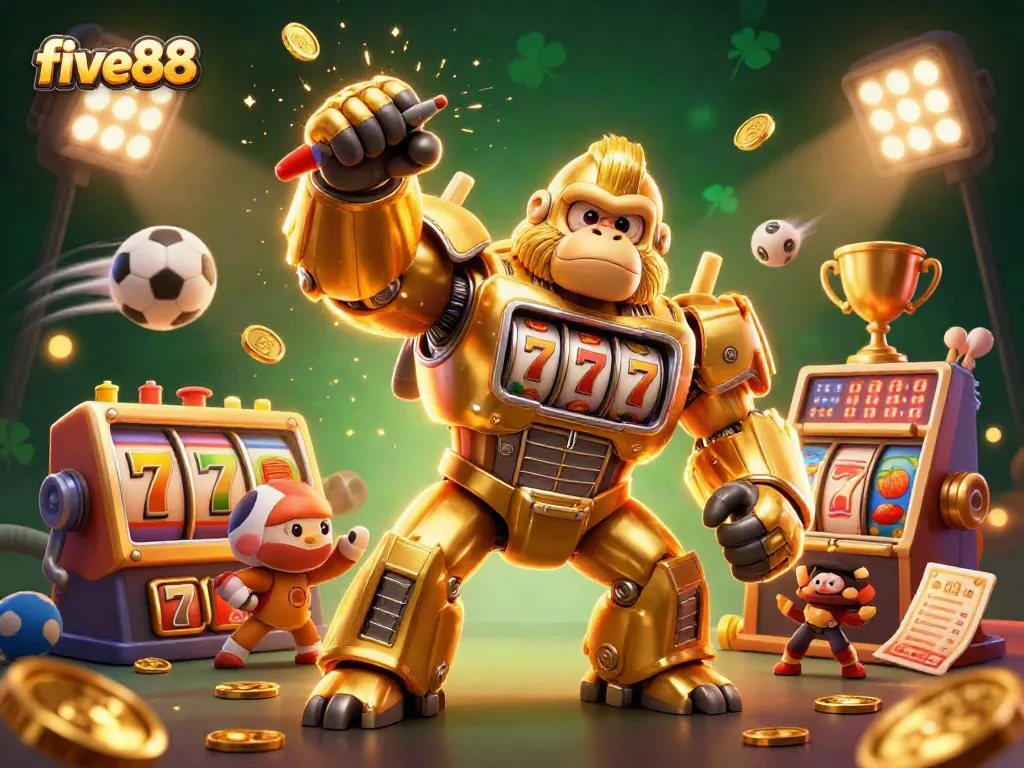 Engage in five88 gaming action with a golden gorilla mech and dynamic casino elements.