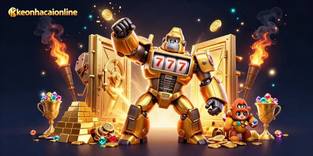 Engage with keonhacaionline's vibrant golden gambling scene featuring animated mech characters and treasures.