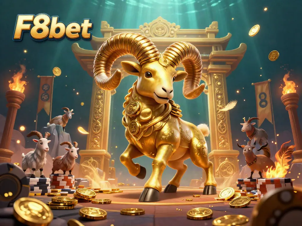 Witness the energetic scene of F8bet featuring a golden ram charging towards a gate amidst chips and golden particles.