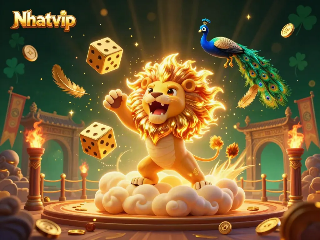 Nhatvip offers a vibrant illustration of a roaring lion, golden dice, and a peacock in a dynamic casino scene.