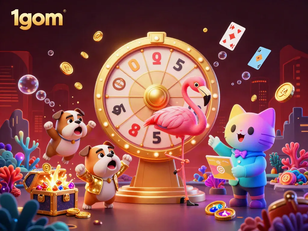 Spin the golden prize wheel with 1gom's lively game show host flamingo and contestant.