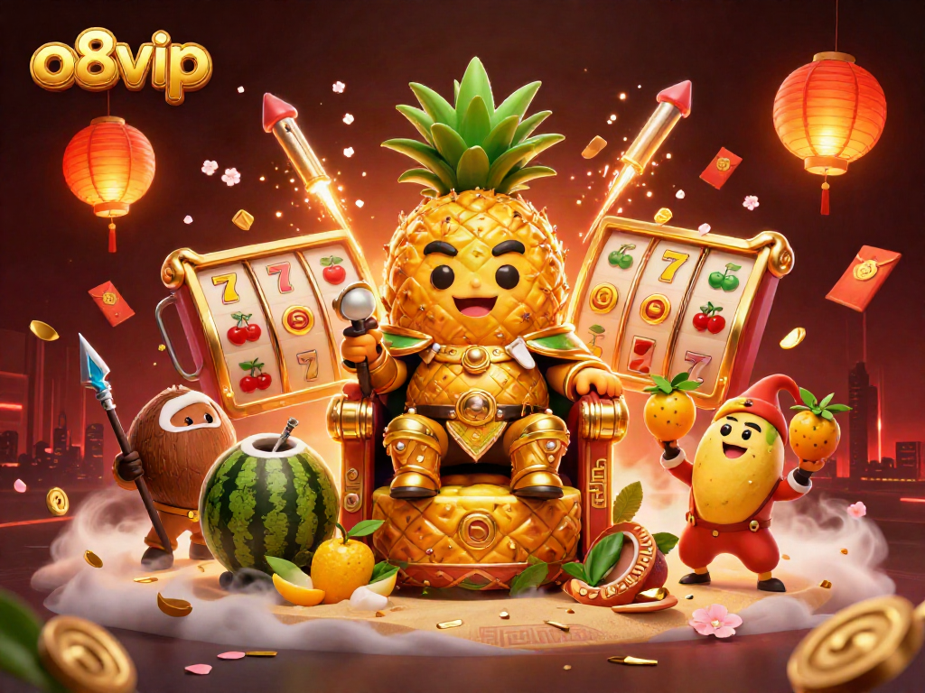 Play exciting games with o8vip's golden pineapple king and colorful slot elements.