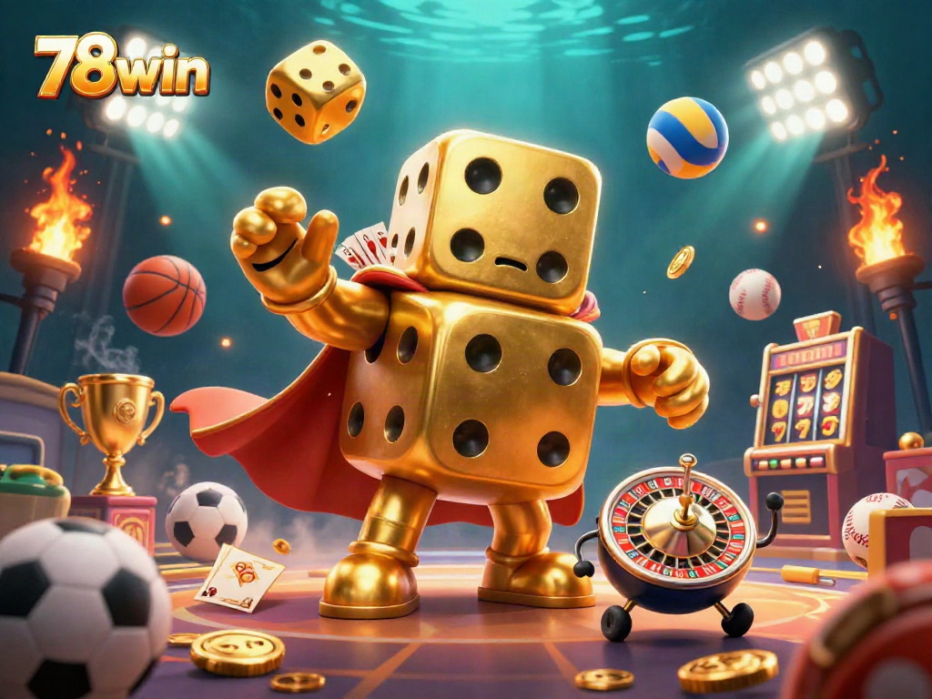Engage in thrilling wins with 78win's vibrant casino scene featuring animated golden dice and dynamic sports elements.