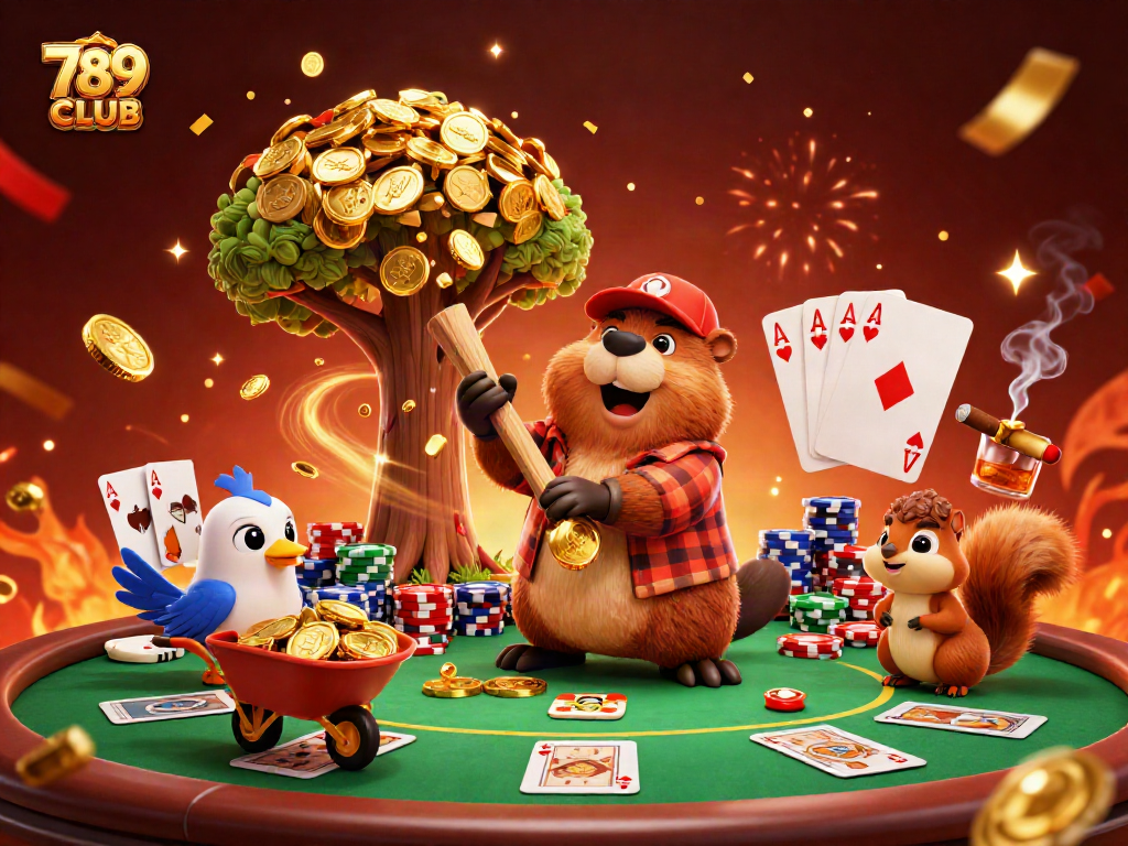 Play thrilling games at 789CLUB, where a beaver character celebrates winning with golden coins.