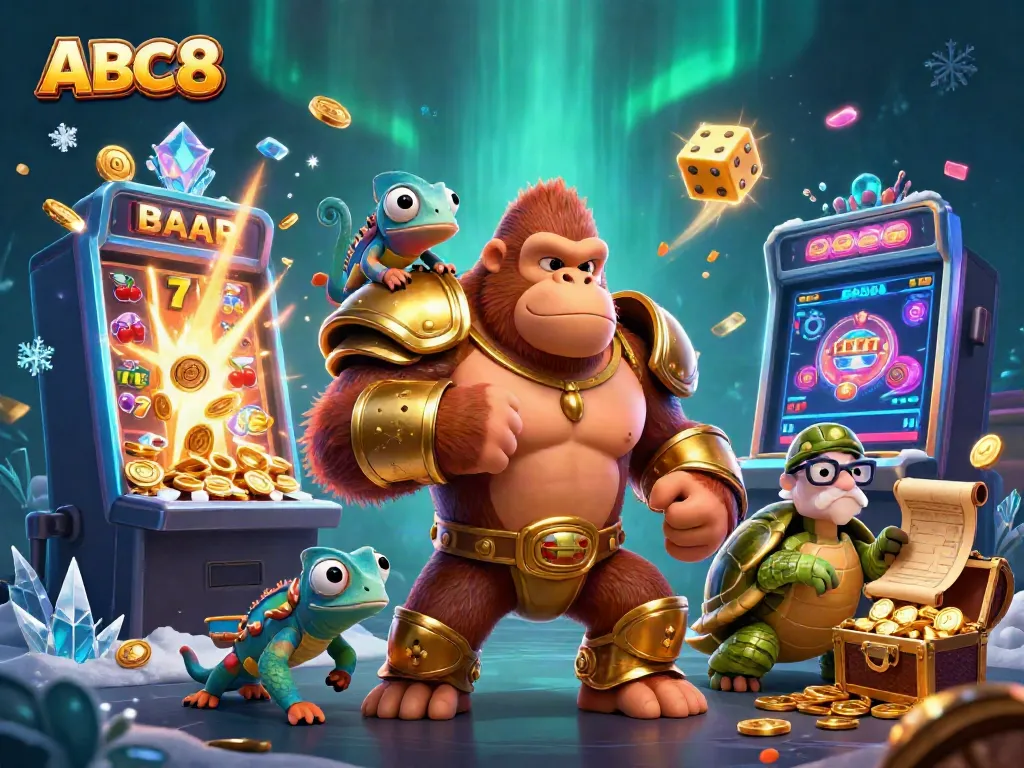Experience thrilling jackpots at ABC8 with an engaging illustration of a powerful gorilla king and dynamic casino elements.