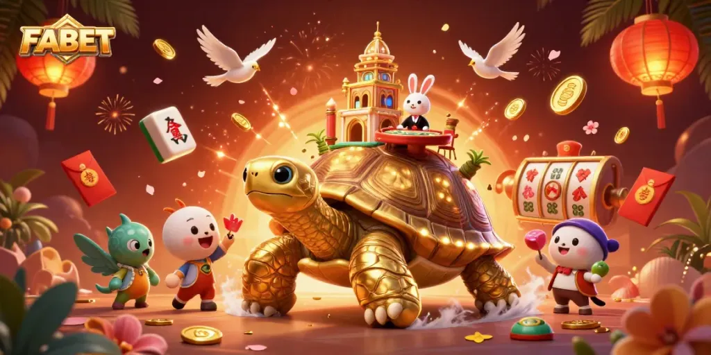 Engage in thrilling gameplay with FABET as exciting casino elements surround a whimsical scene.