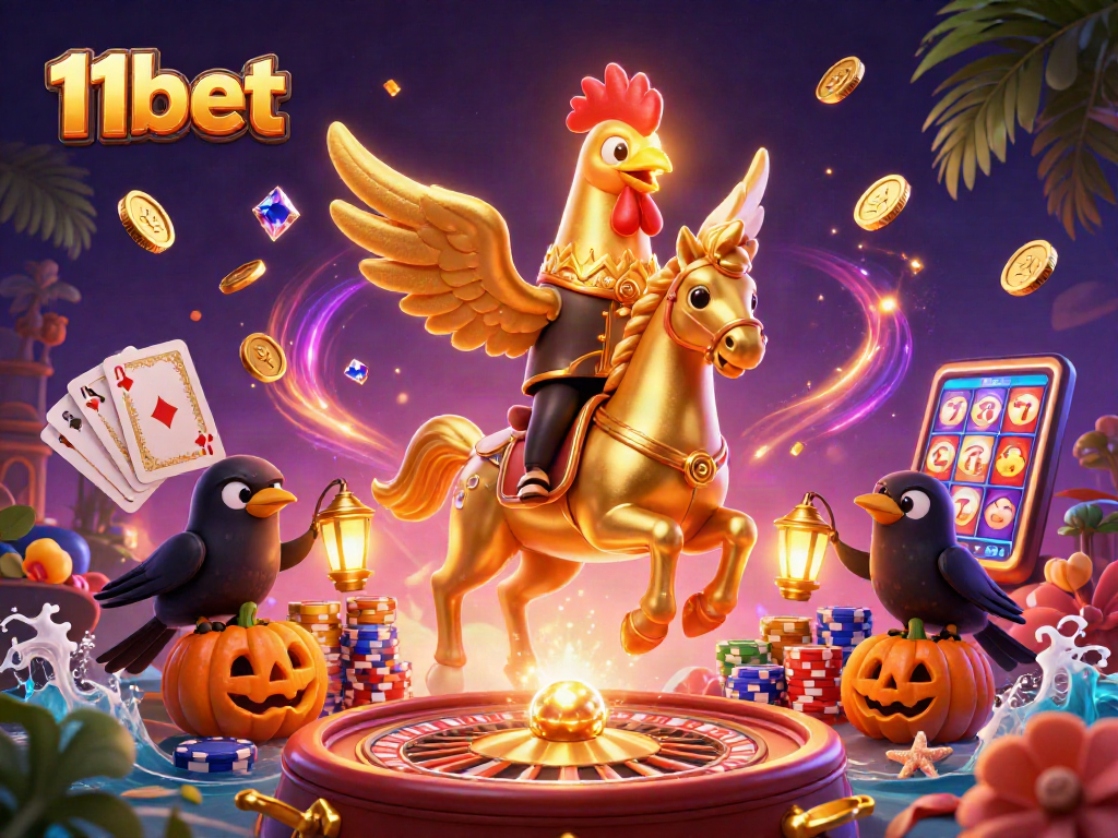 Experience the thrill of winning with 11bet in this vibrant casino illustration packed with action.