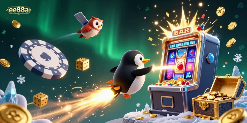 Experience thrilling wins with ee88a's space-themed casino adventure featuring a penguin and vibrant game elements.