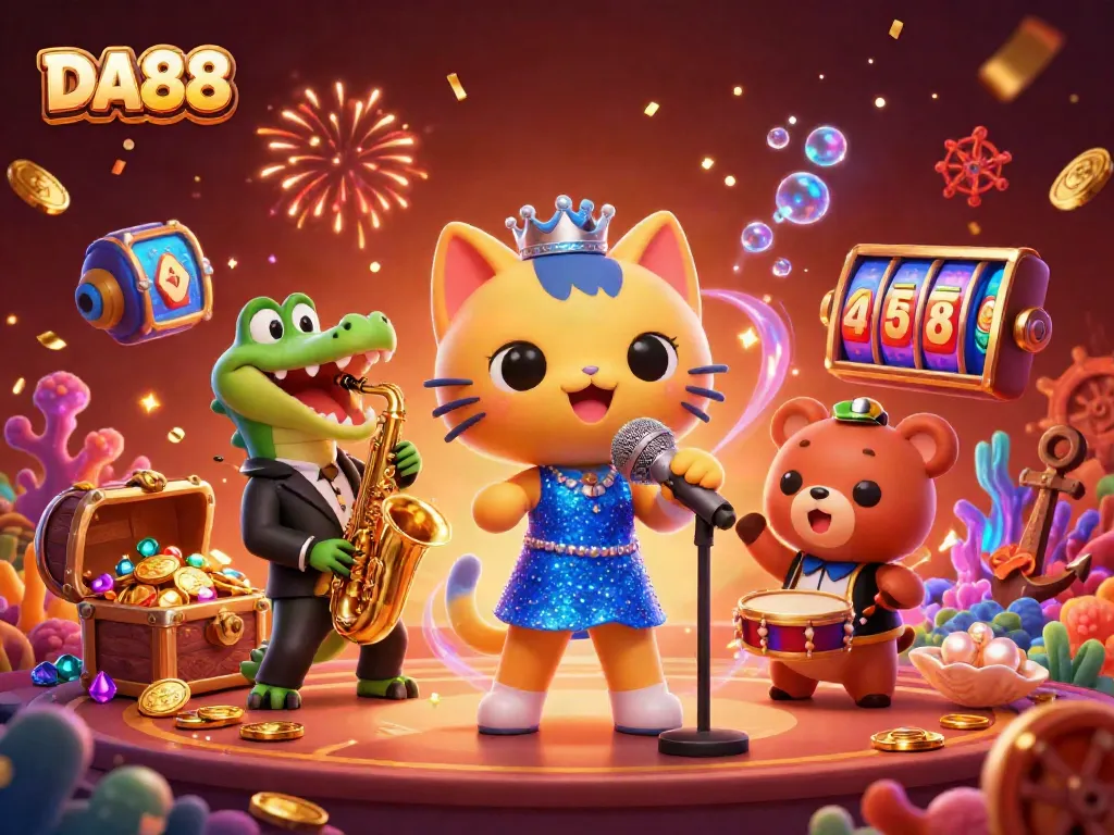 Experience the thrilling DA88 casino scene with a jazz-singer cat, crocodile, and bear, celebrating big wins.