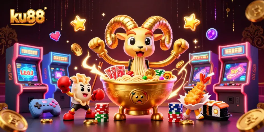 ku88 casino illustration featuring a ramen bowl character dealing cards with vibrant game elements