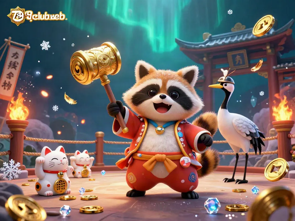 Play casino games at 789club web with a festive 3D mascot scene showcasing tanuki and friends in celebration.