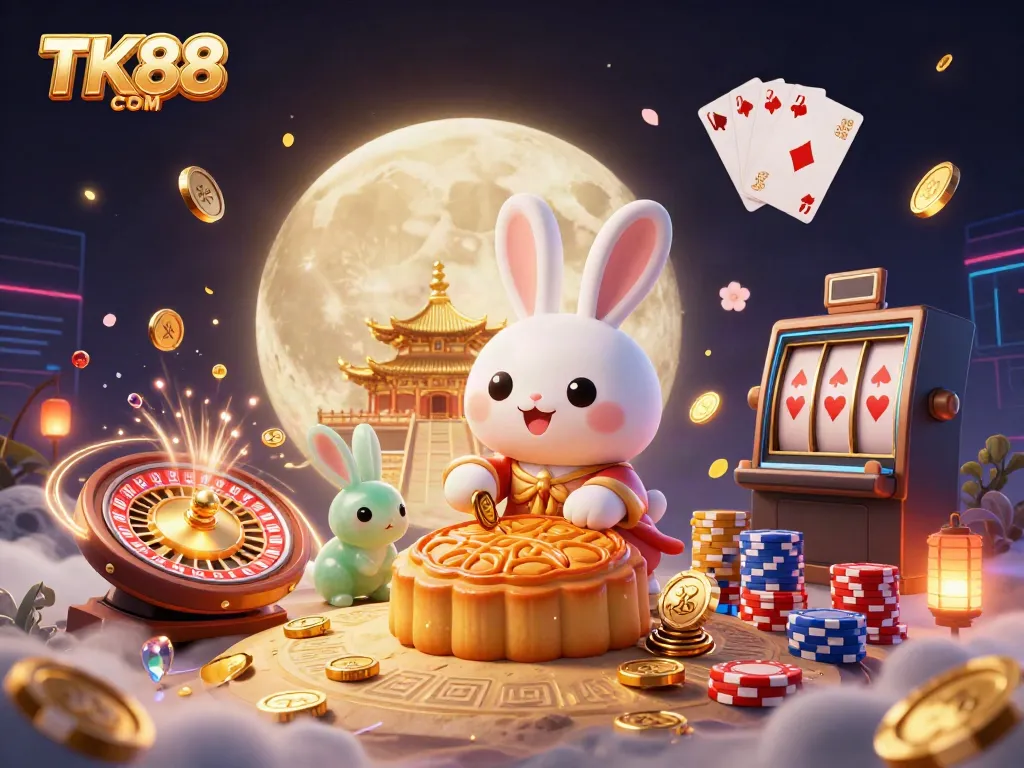 Play and win at TK88 COM with a magical moon rabbit, casino elements, and exciting gaming themes.