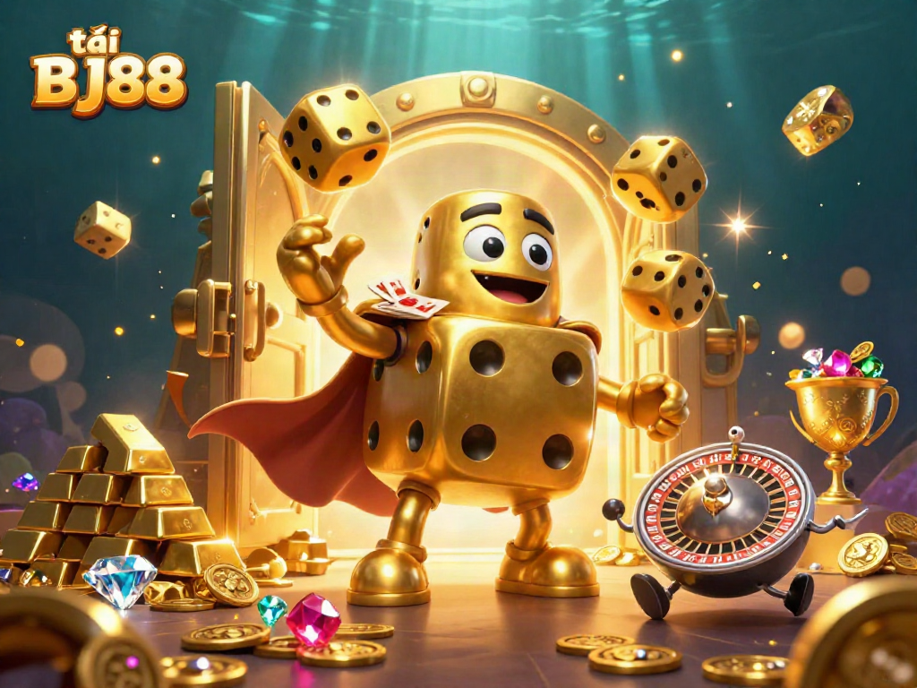 Exciting 3D scene showing tải BJ88 with golden dice, jewels, and casino elements for immersive fun.